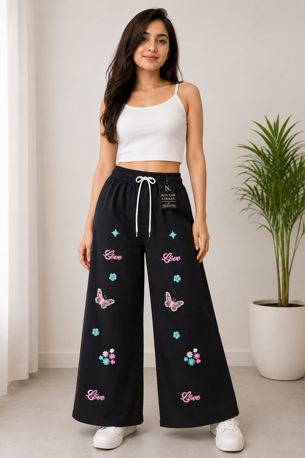baggy style Denim jeans for women Love Butterfly Wide Leg Pant