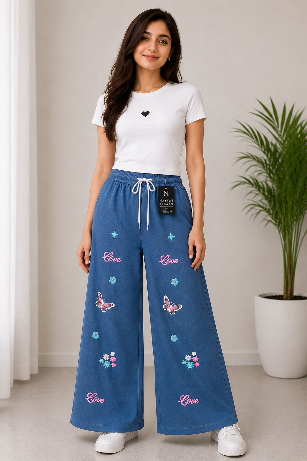 baggy style Denim jeans for women Love Butterfly Wide Leg Pant