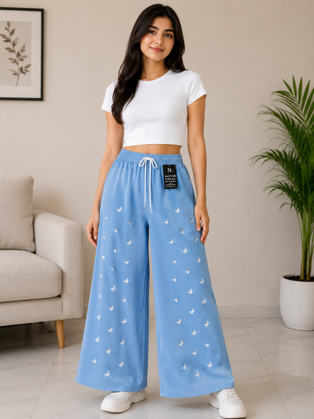 baggy style Denim jeans for women Mini Butterfly Wide Leg Pant