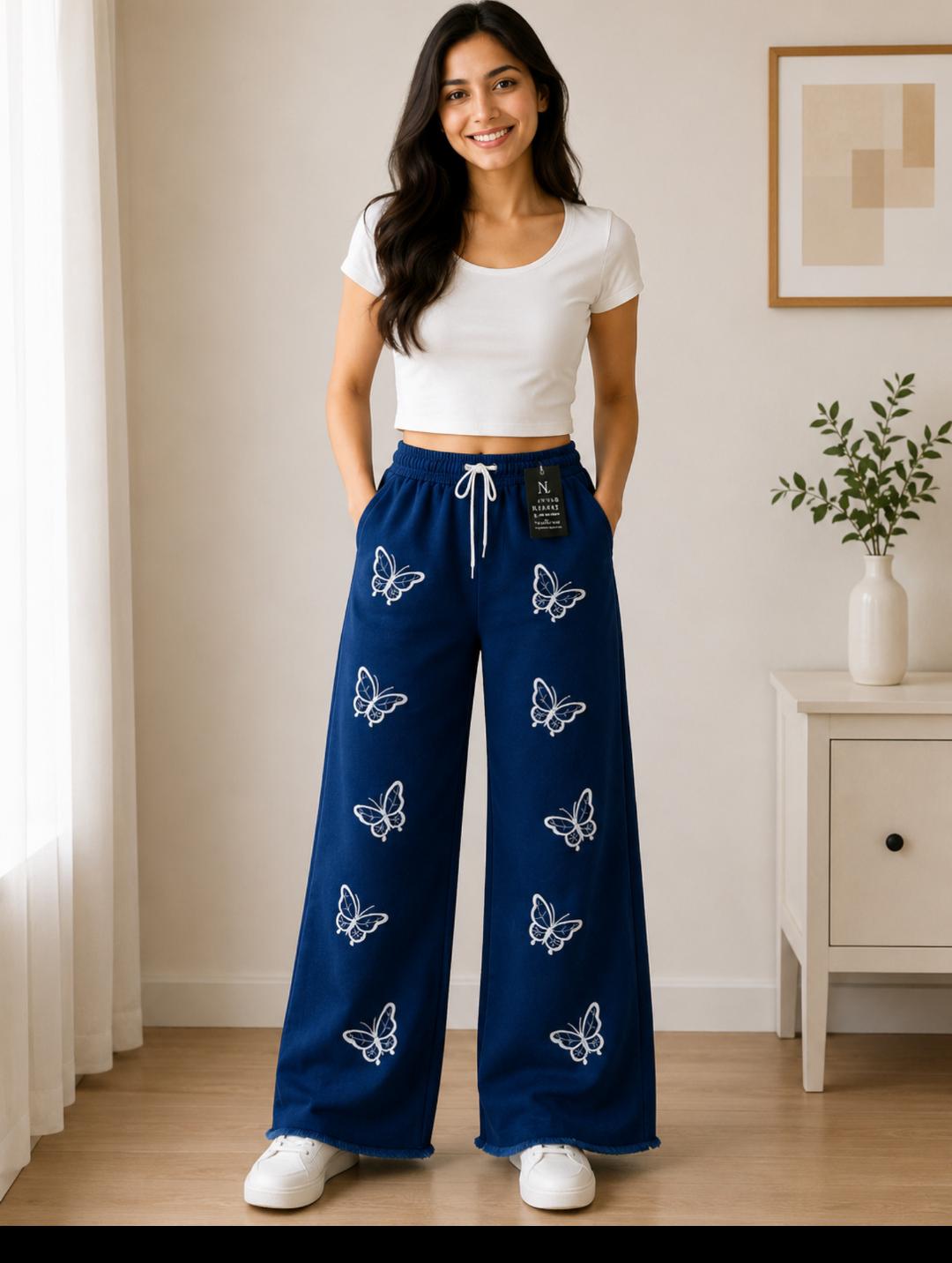 Blue Butterfly Print Wide-Leg Pant