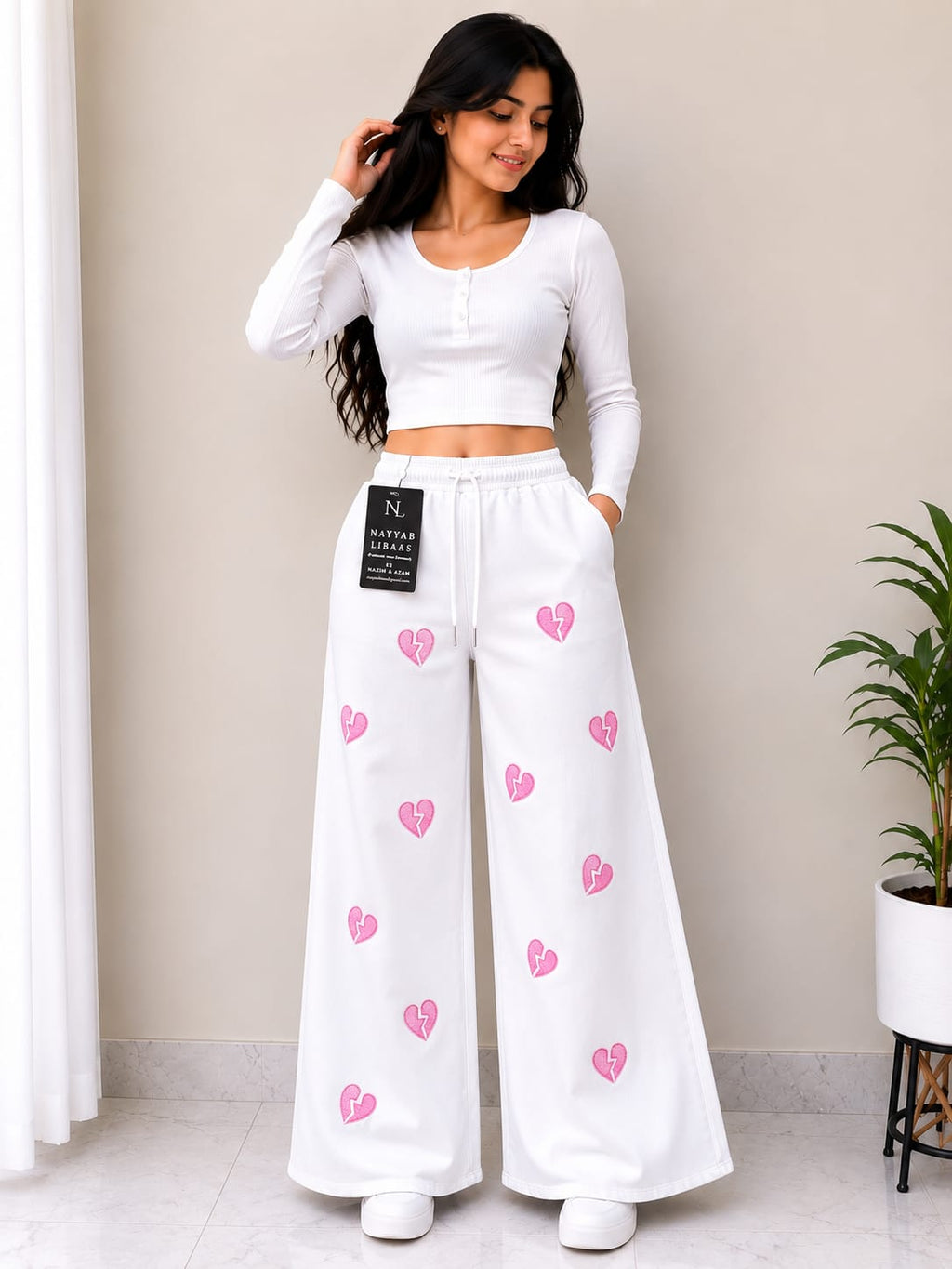 Nayyab Libaas Heart Embroidered Wide-Leg Pants