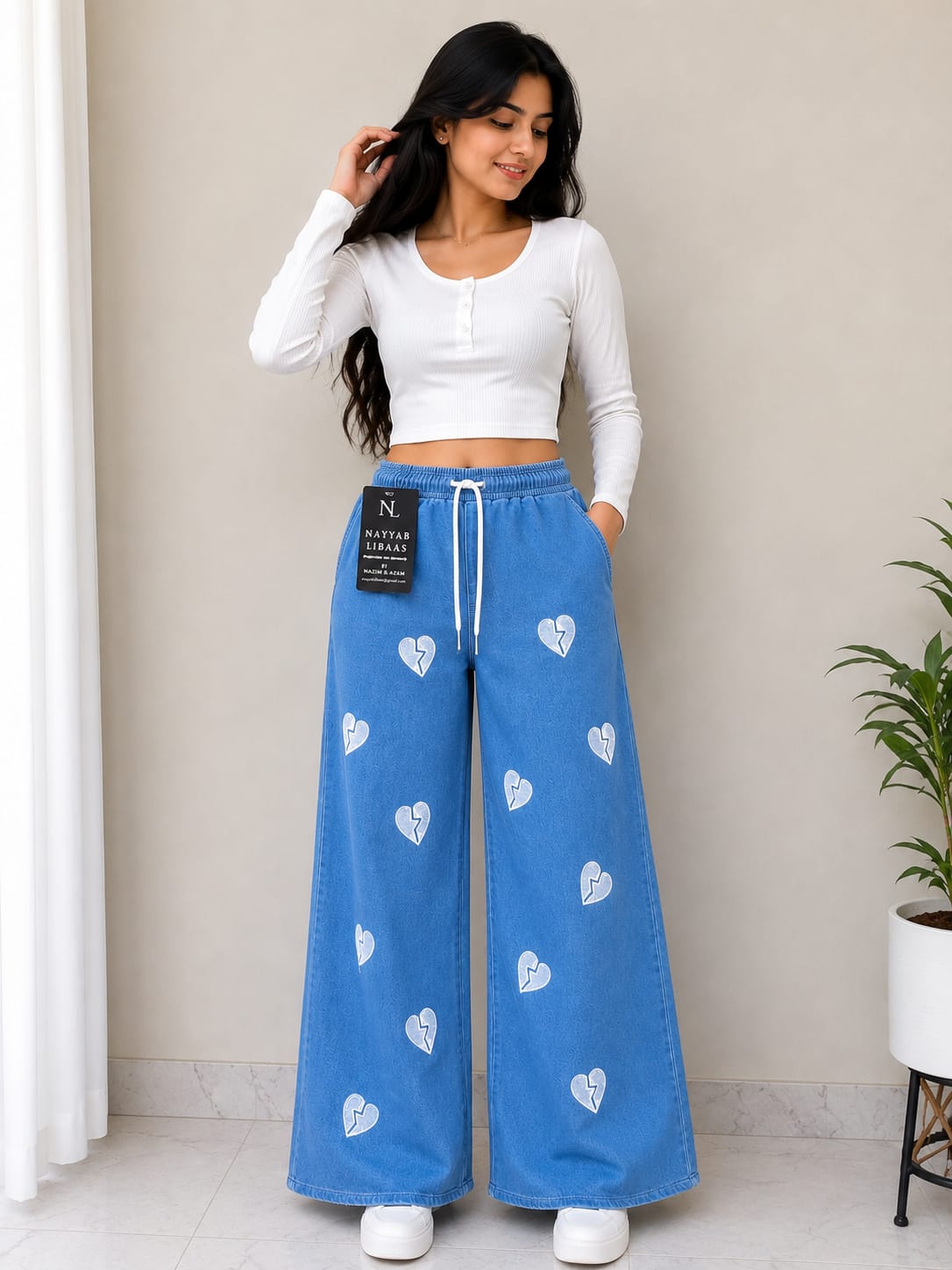Nayyab Libaas Heart Embroidered Wide-Leg Pants