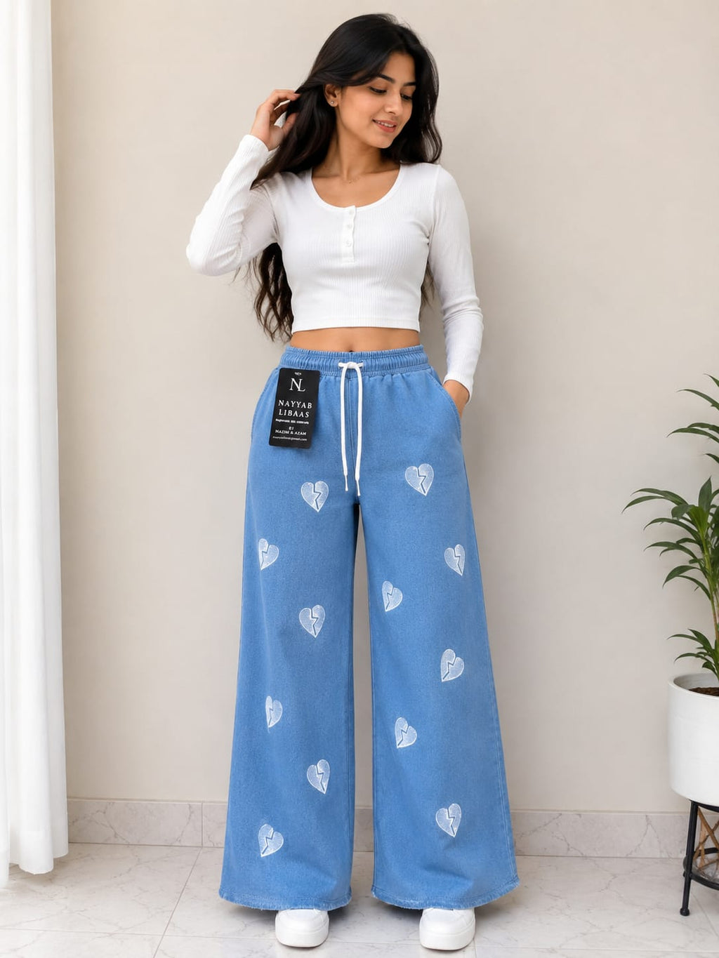Nayyab Libaas Heart Embroidered Wide-Leg Pants