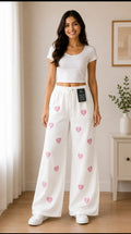 White Heart Print Wide-Leg Pant