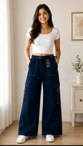 Blue Cargo Style Wide-Leg Pant