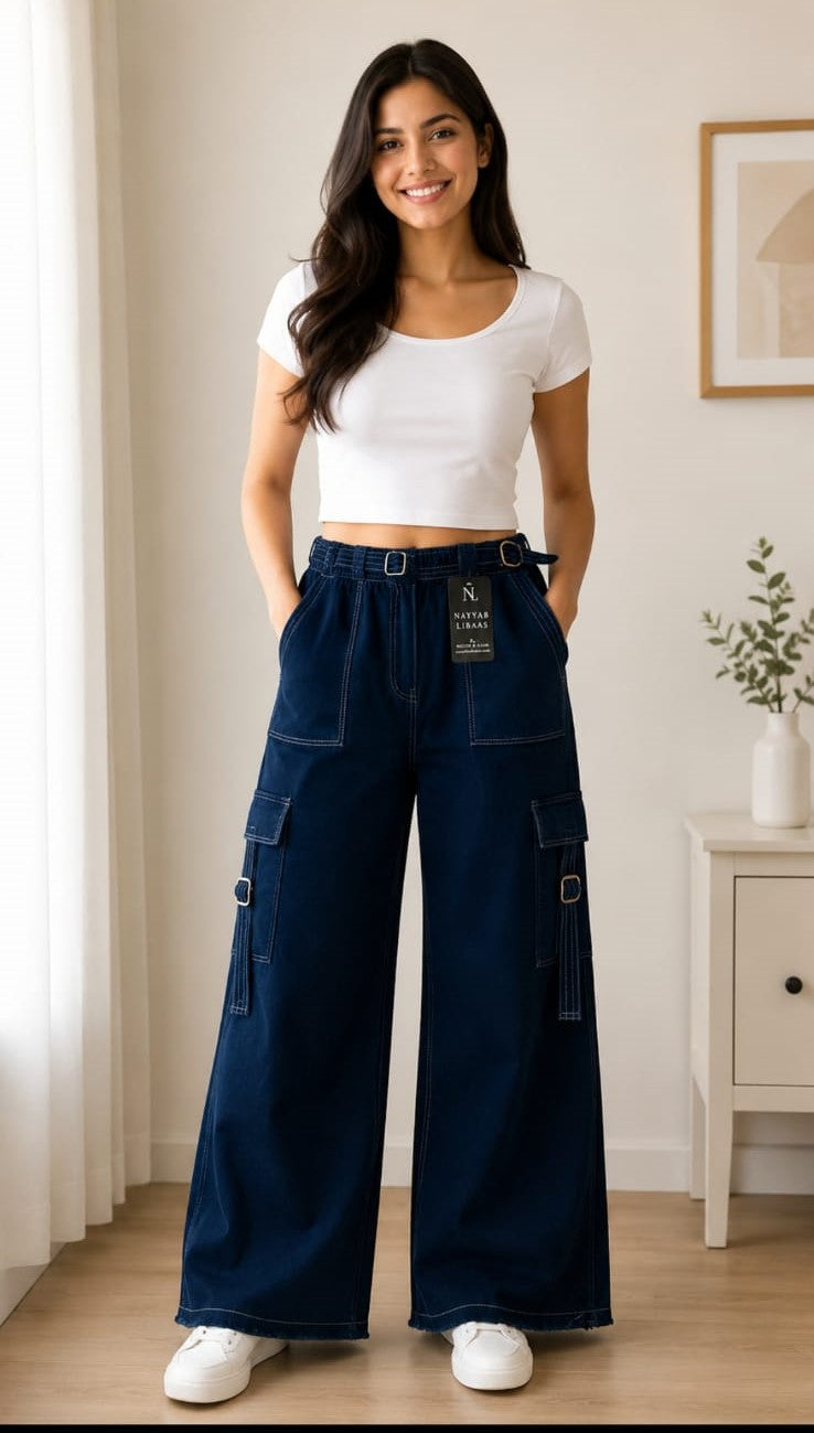 Blue Cargo Style Wide-Leg Pant